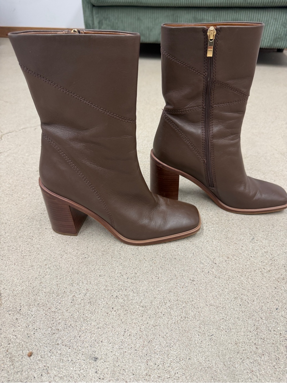Franco Sarto Dark Brown Leather Mid-Calf Block Heel Boots
